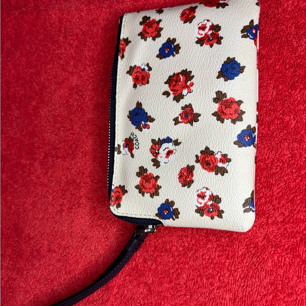 Coach Floral Wristlet - Cream with Red and Blue Accents
